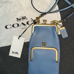 Coach 1941 Double Kisslock Frame 12 Bag in Slate Leather Blue Crossbody RARE